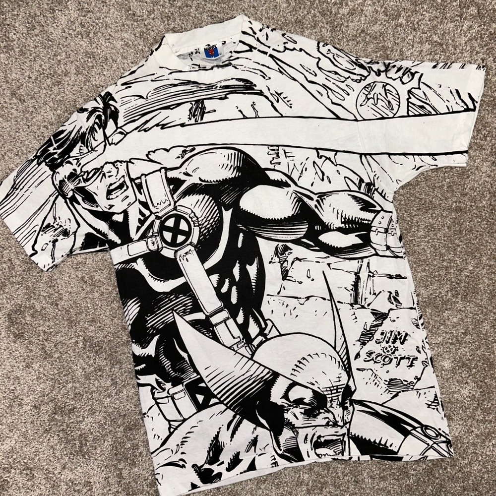 Vintage Marvel X-Men All Over Print Tshirt Wolverine Beast Storm Large Jim Scott